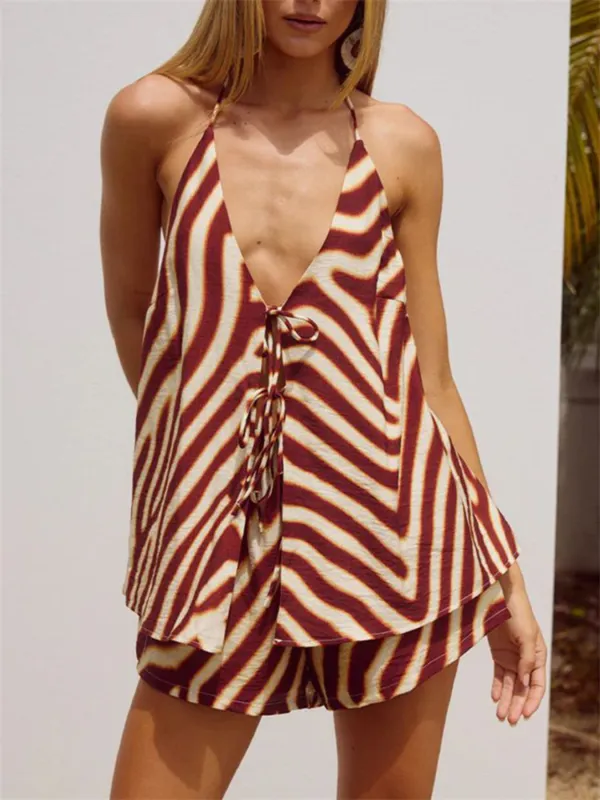 Zebra Print Halter Neck Top and Shorts Set made by Trendsi