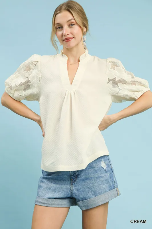 Umgee Textured Blouse with Lace Contrast Sleeves made by Trendsi