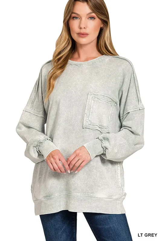 Zenana Halo Washed French Terry Exposed-seam Sweatshirt made by Trendsi