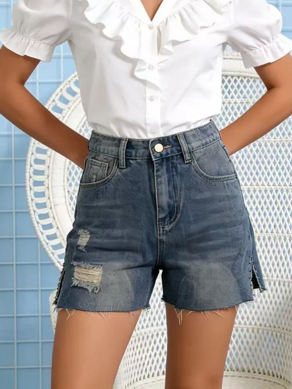 Distressed Slit Denim Shorts made by Trendsi