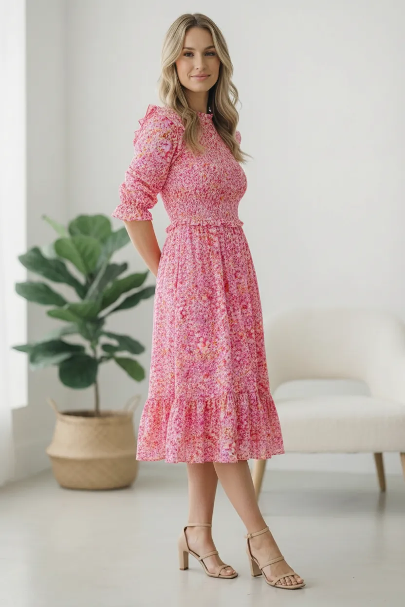 Be My Spring Sweetie Pink Floral Smocked Dress sold by Charming Charlie product image thumbnail 2