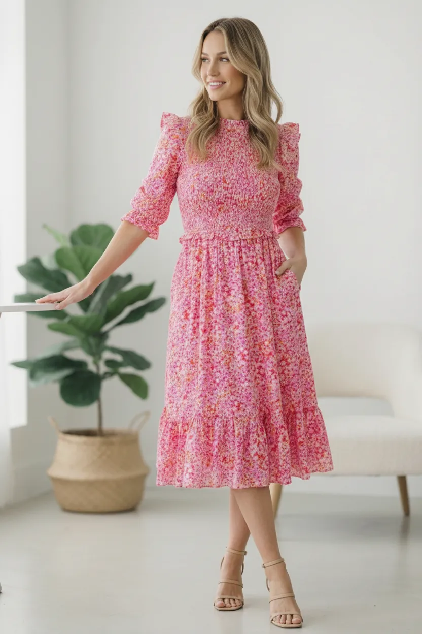 Be My Spring Sweetie Pink Floral Smocked Dress sold by Charming Charlie product image thumbnail 5