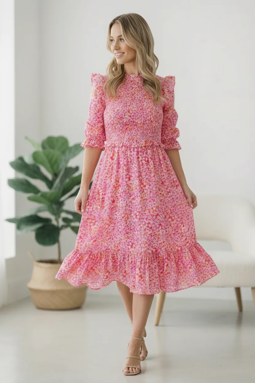 Be My Spring Sweetie Pink Floral Smocked Dress sold by Charming Charlie product image thumbnail 4