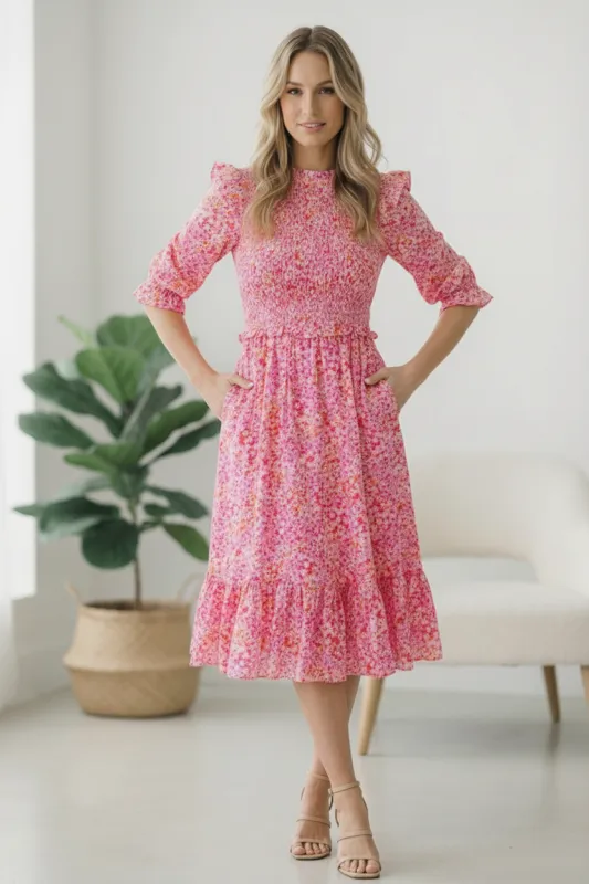 Be My Spring Sweetie Pink Floral Smocked Dress made by Karlie