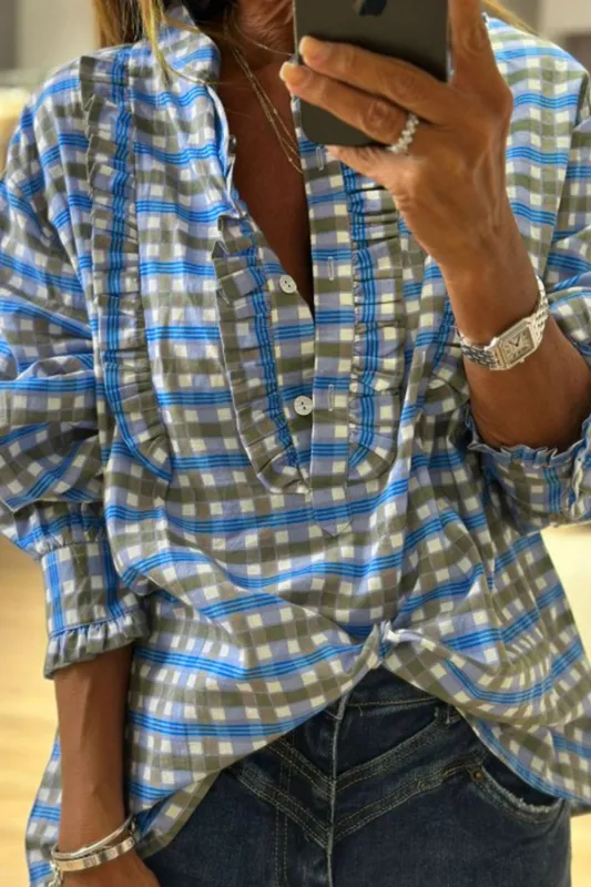 Plaid Long Sleeve Frilled Detail Half Button Blouse made by Trendsi