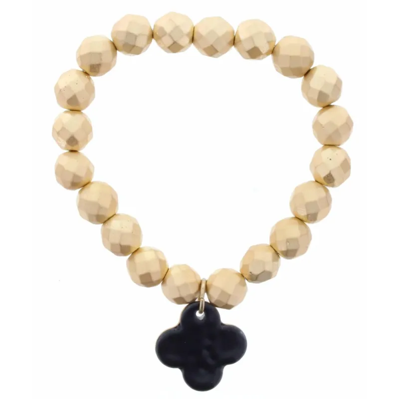Faceted Gold Beaded Stretch, Jet Ceramic Quatrefoil Bracelet sold by Charming Charlie