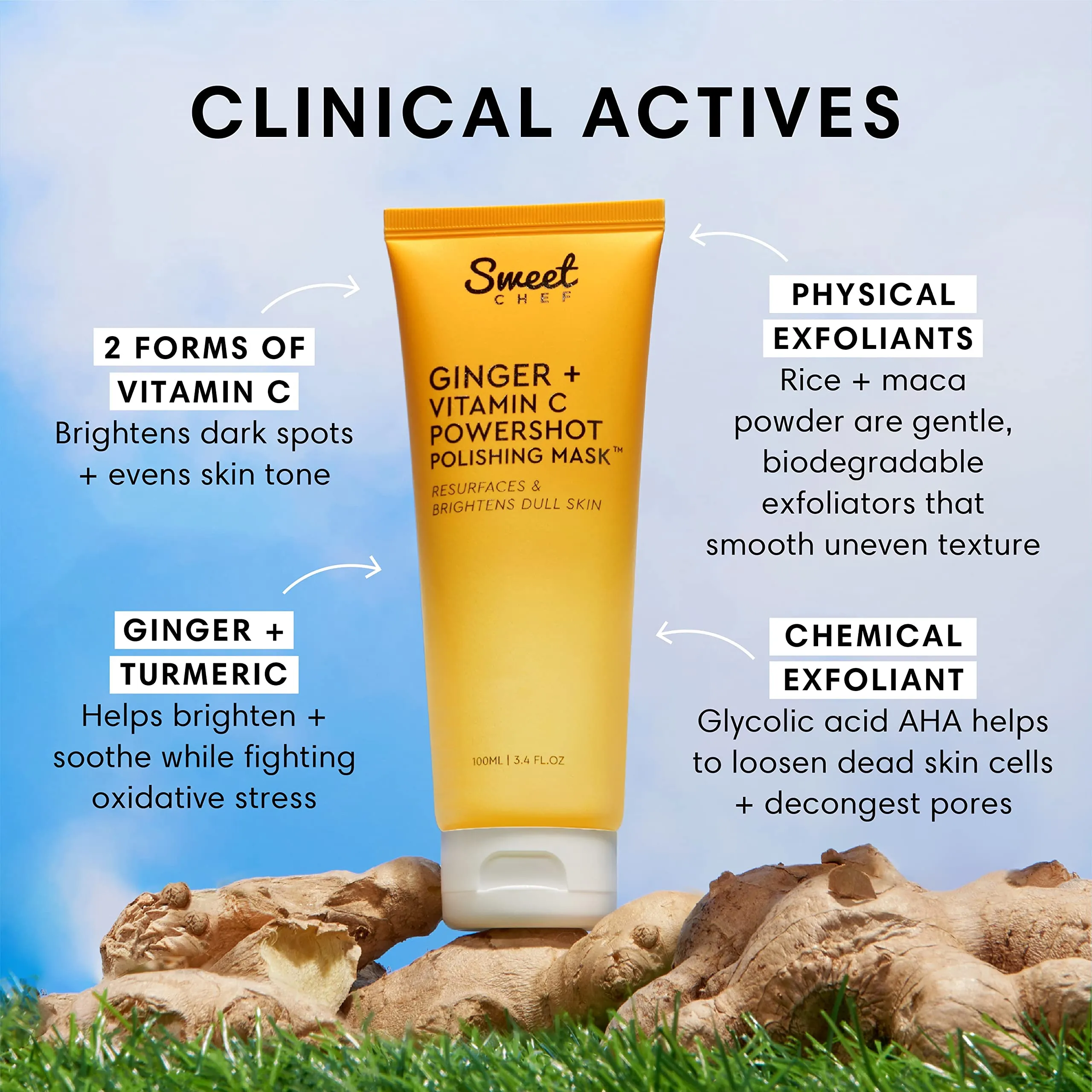 Sweet Chef Ginger + Vitamin C Powershot Polishing Mask - Brightening Face Mask for Dark Spots & Uneven Skin Tone + Maca, Rice Powders & AHA Face Exfoliant & Resurfacing Formula (3.4oz) sold by Charming Charlie product image thumbnail 4