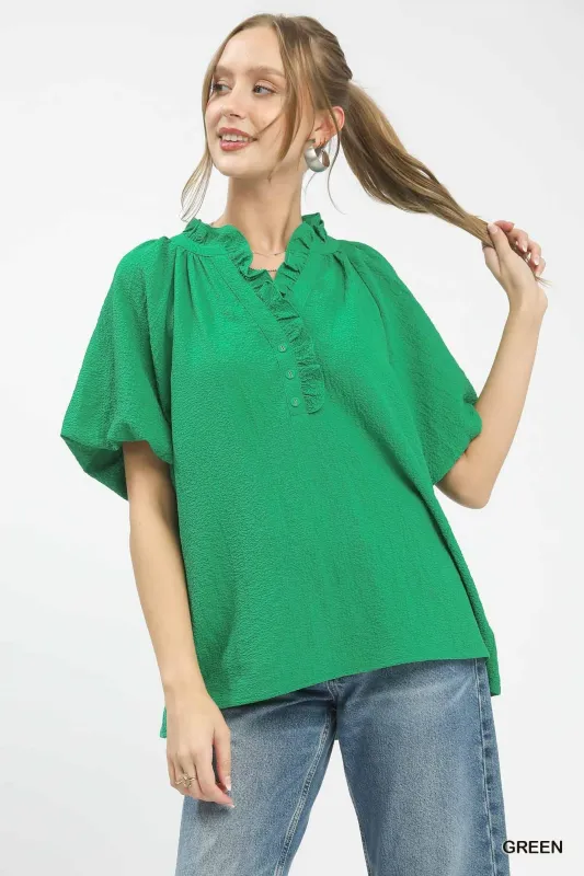 Umgee Puff Sleeve Ruffle Neck Tunic Blouse made by Trendsi