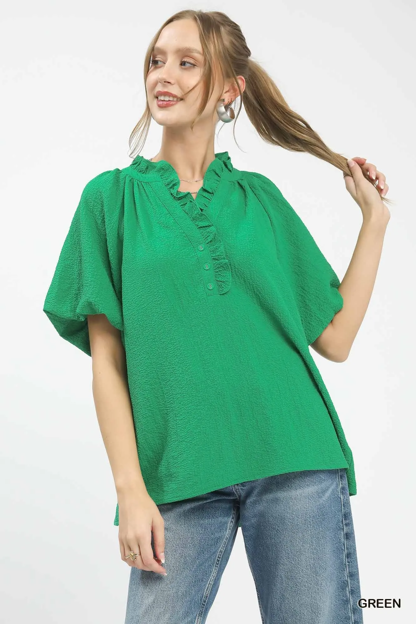 Umgee Puff Sleeve Ruffle Neck Tunic Blouse sold by Charming Charlie