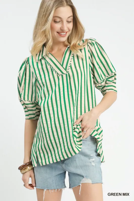 Umgee Striped Puff Sleeve Blouse made by Trendsi