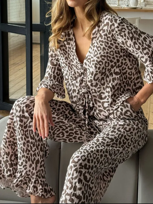 Leopard Print Ruffle Trim and Pants Lounge Set made by Trendsi