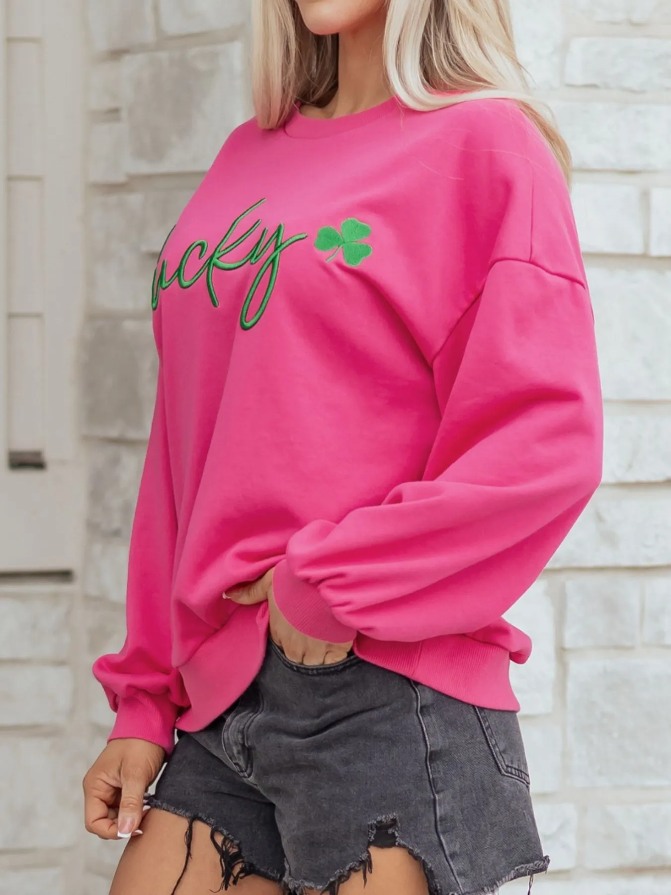 Lucky Clover Embroidered Loose Pullover Sweatshirt sold by Charming Charlie product image thumbnail 4