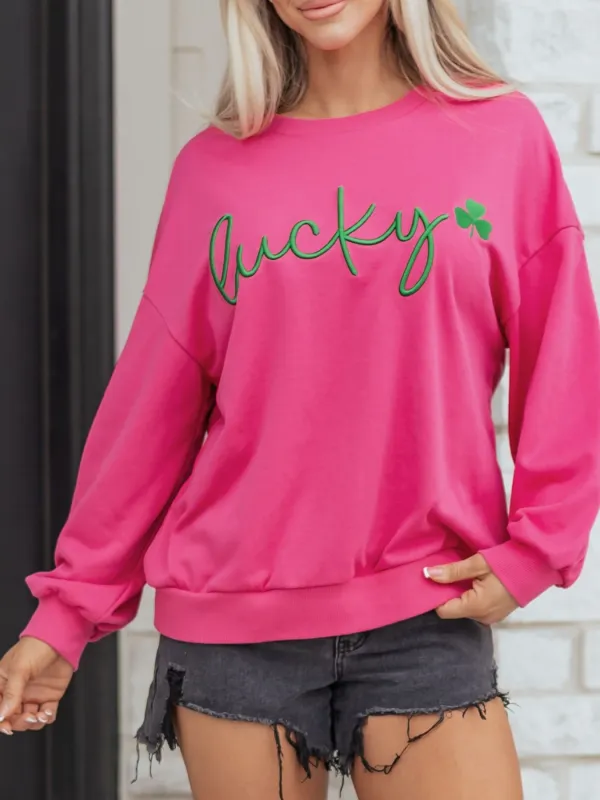 Lucky Clover Embroidered Loose Pullover Sweatshirt made by Trendsi