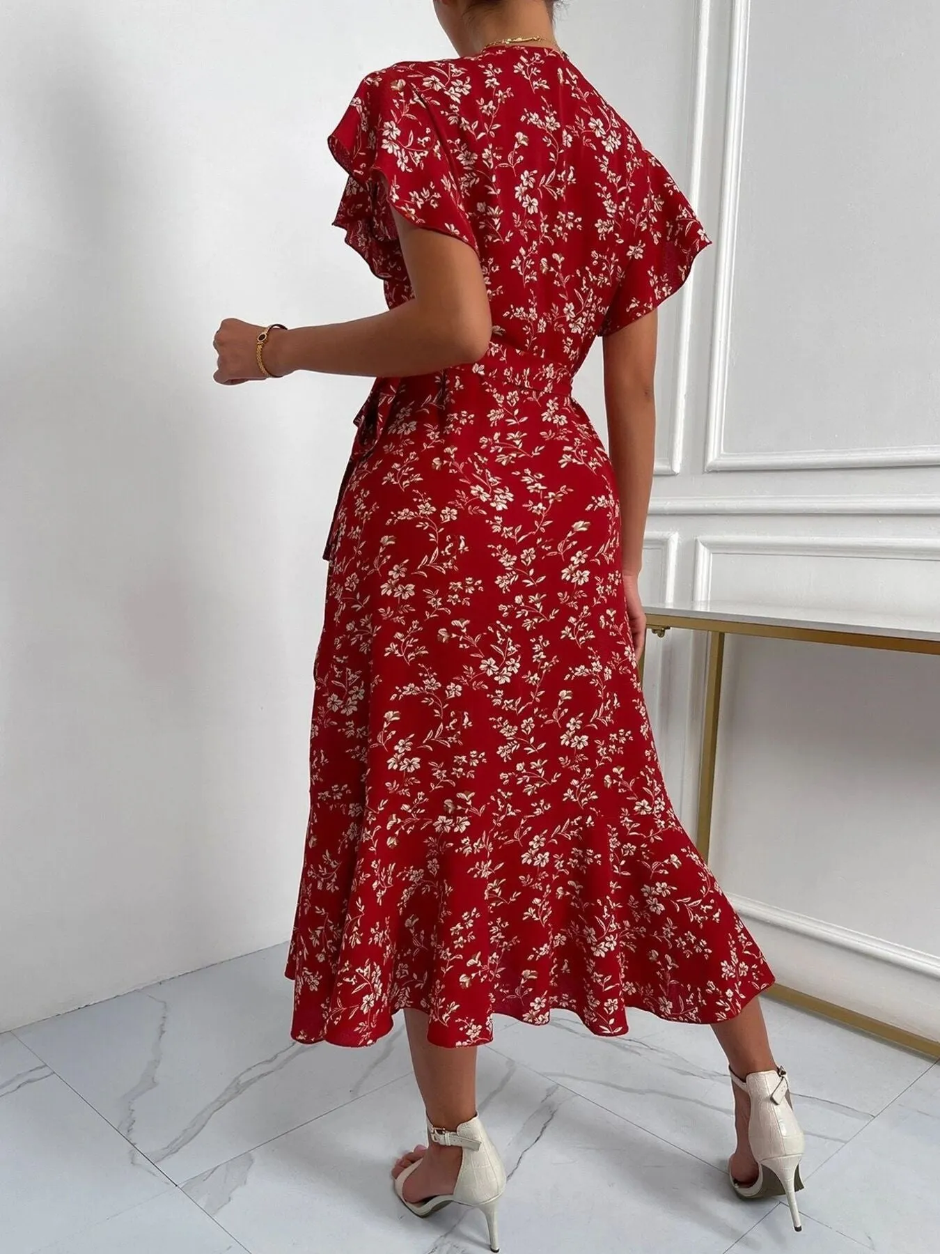 Floral Print Ruffle Sleeve Wrap Midi Dress sold by Charming Charlie product image thumbnail 2