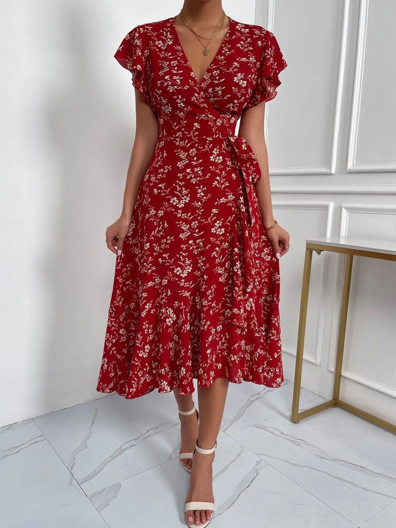 Floral Print Ruffle Sleeve Wrap Midi Dress sold by Charming Charlie product image thumbnail 3