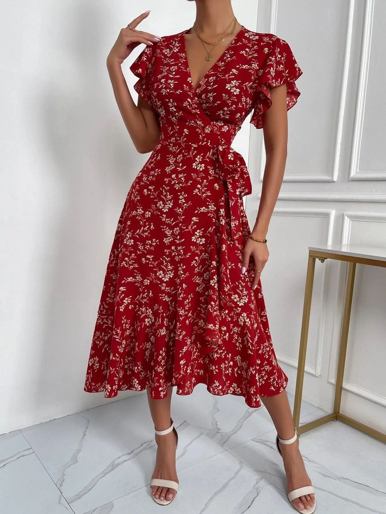 Floral Print Ruffle Sleeve Wrap Midi Dress sold by Charming Charlie product image thumbnail 4