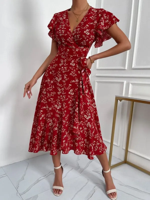 Floral Print Ruffle Sleeve Wrap Midi Dress made by Trendsi