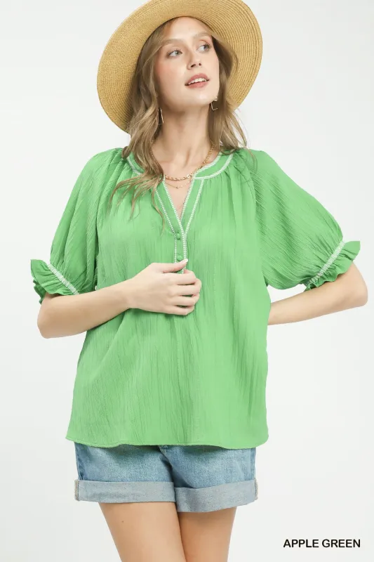 Umgee Textured Split Neck Puff Sleeve Top made by Trendsi