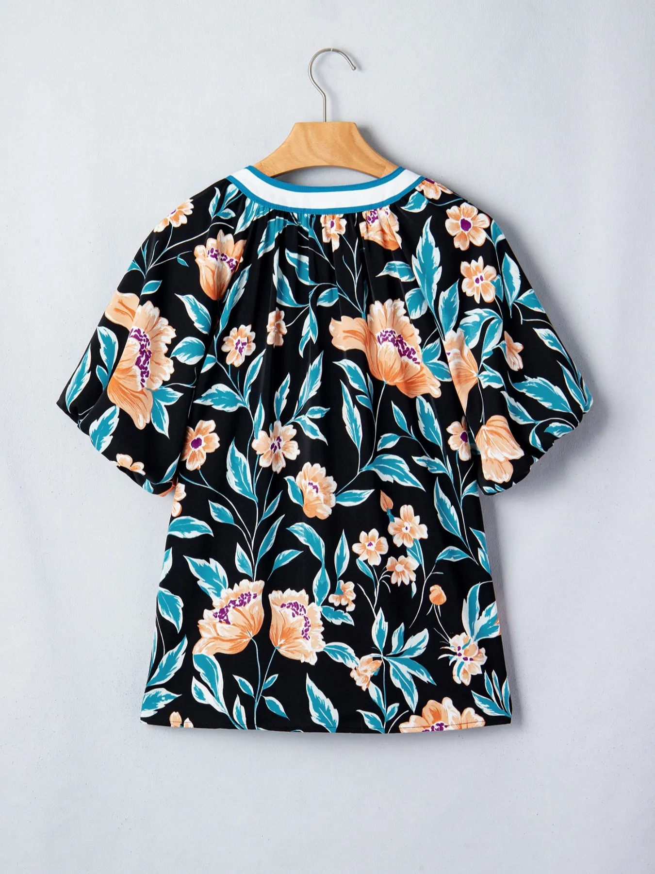 Floral Short Bubble Sleeve Buttoned Notched Neck Blouse sold by Charming Charlie product image thumbnail 4