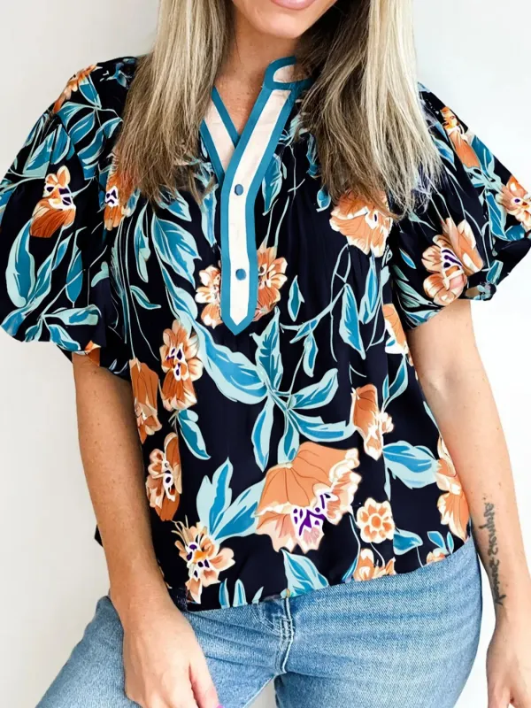Floral Short Bubble Sleeve Buttoned Notched Neck Blouse made by Trendsi