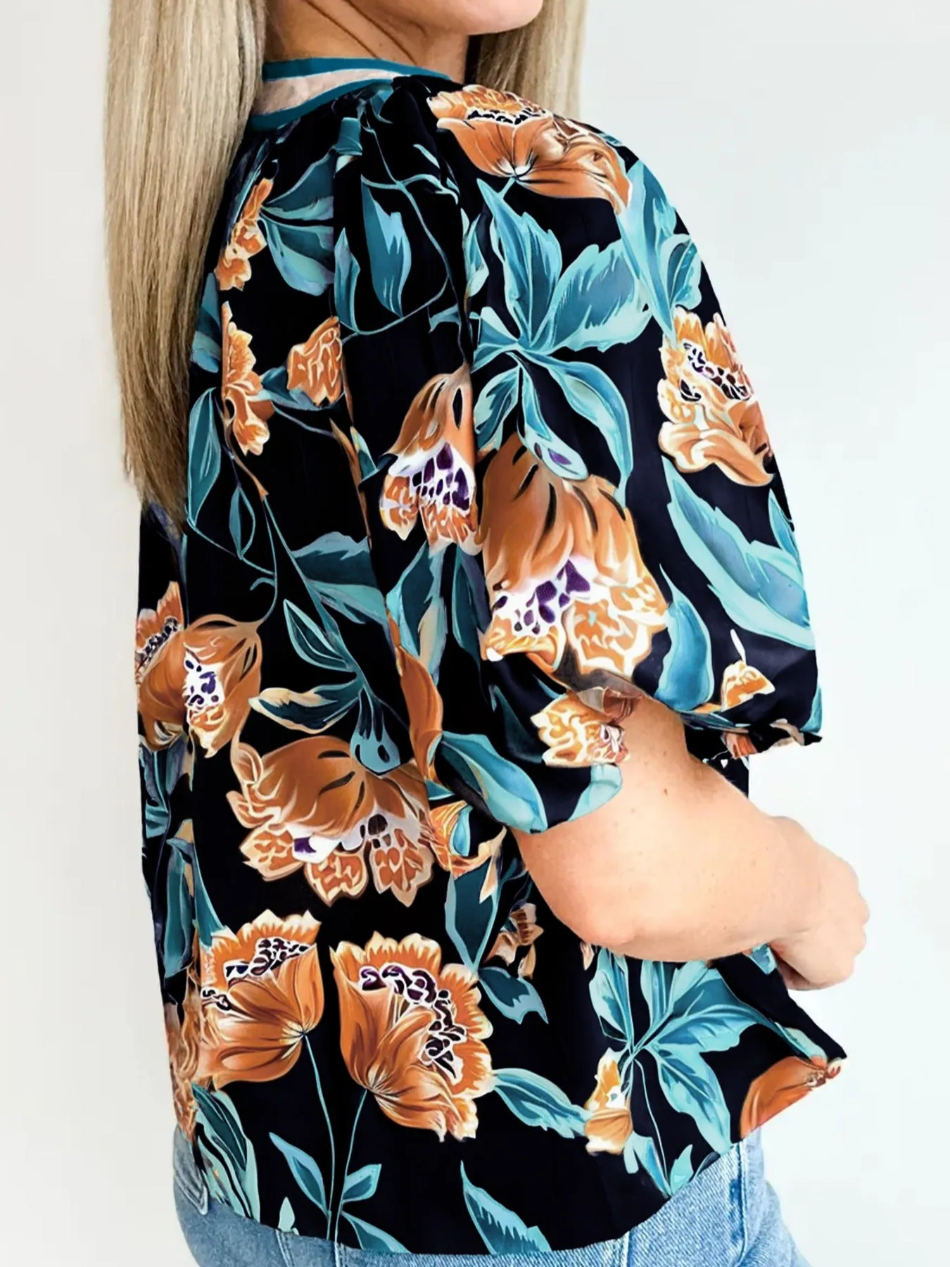 Floral Short Bubble Sleeve Buttoned Notched Neck Blouse sold by Charming Charlie product image thumbnail 2