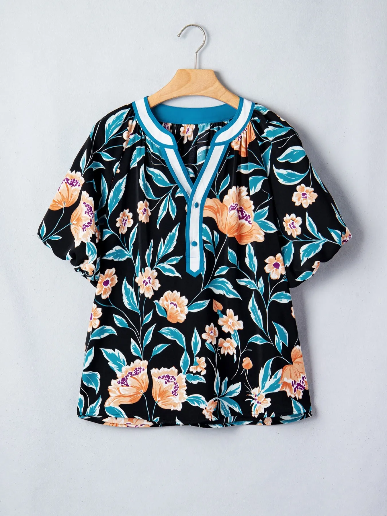 Floral Short Bubble Sleeve Buttoned Notched Neck Blouse sold by Charming Charlie product image thumbnail 3