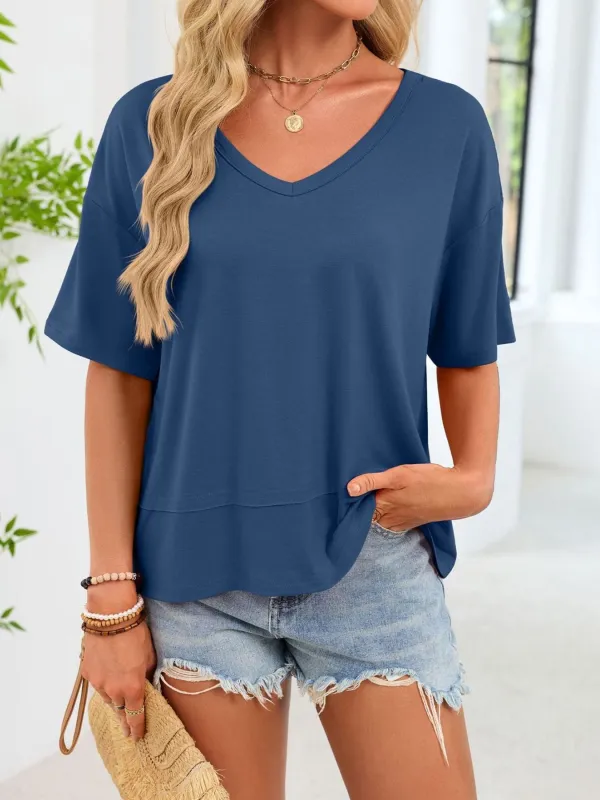 V-Neck Relaxed Fit Solid Color T-Shirt made by Trendsi