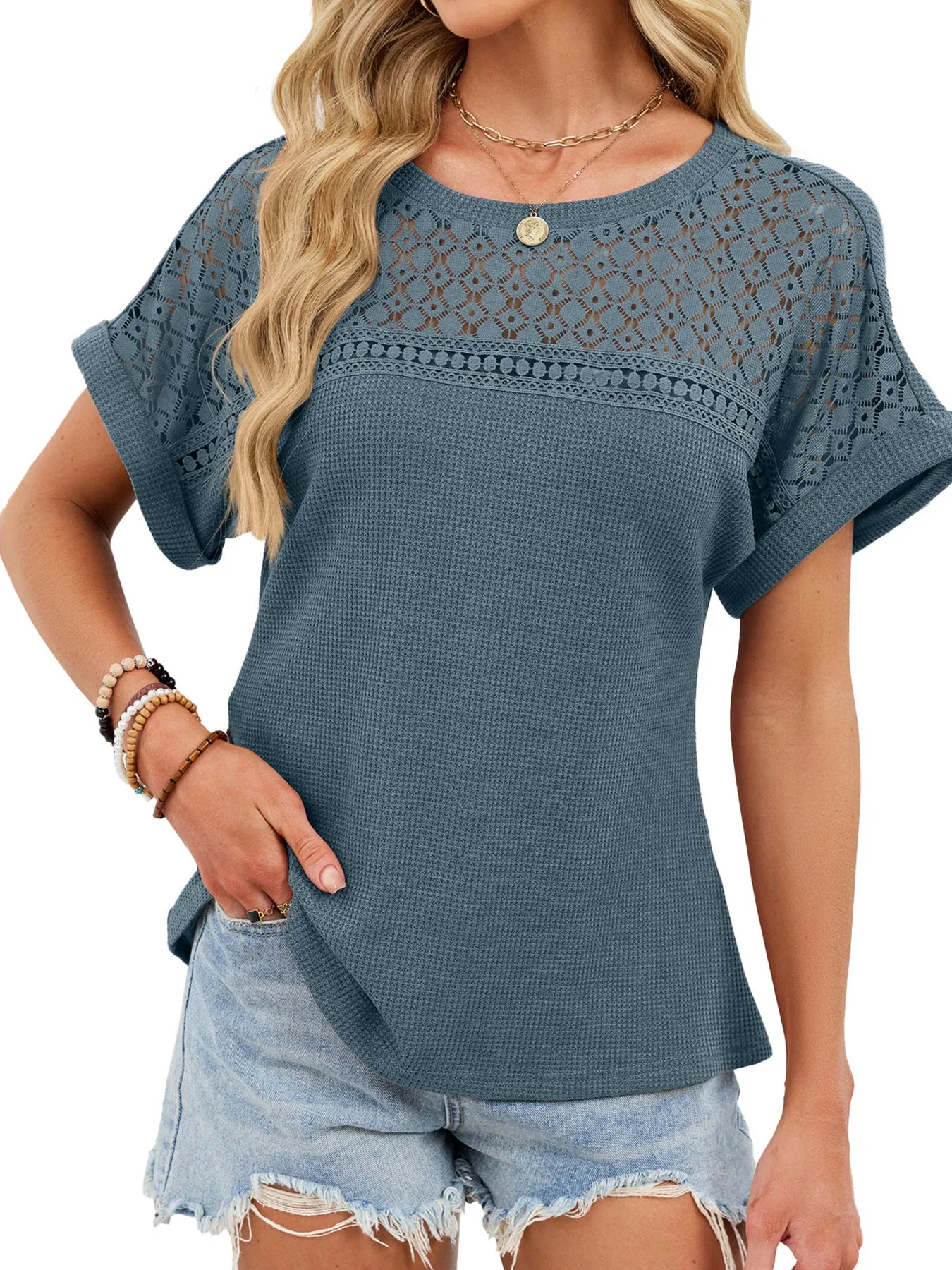 Lace-Trimmed Round Neck T-Shirt sold by Charming Charlie