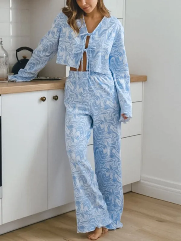 Tie Front Long Sleeve Top and Pants Lounge Set made by Trendsi