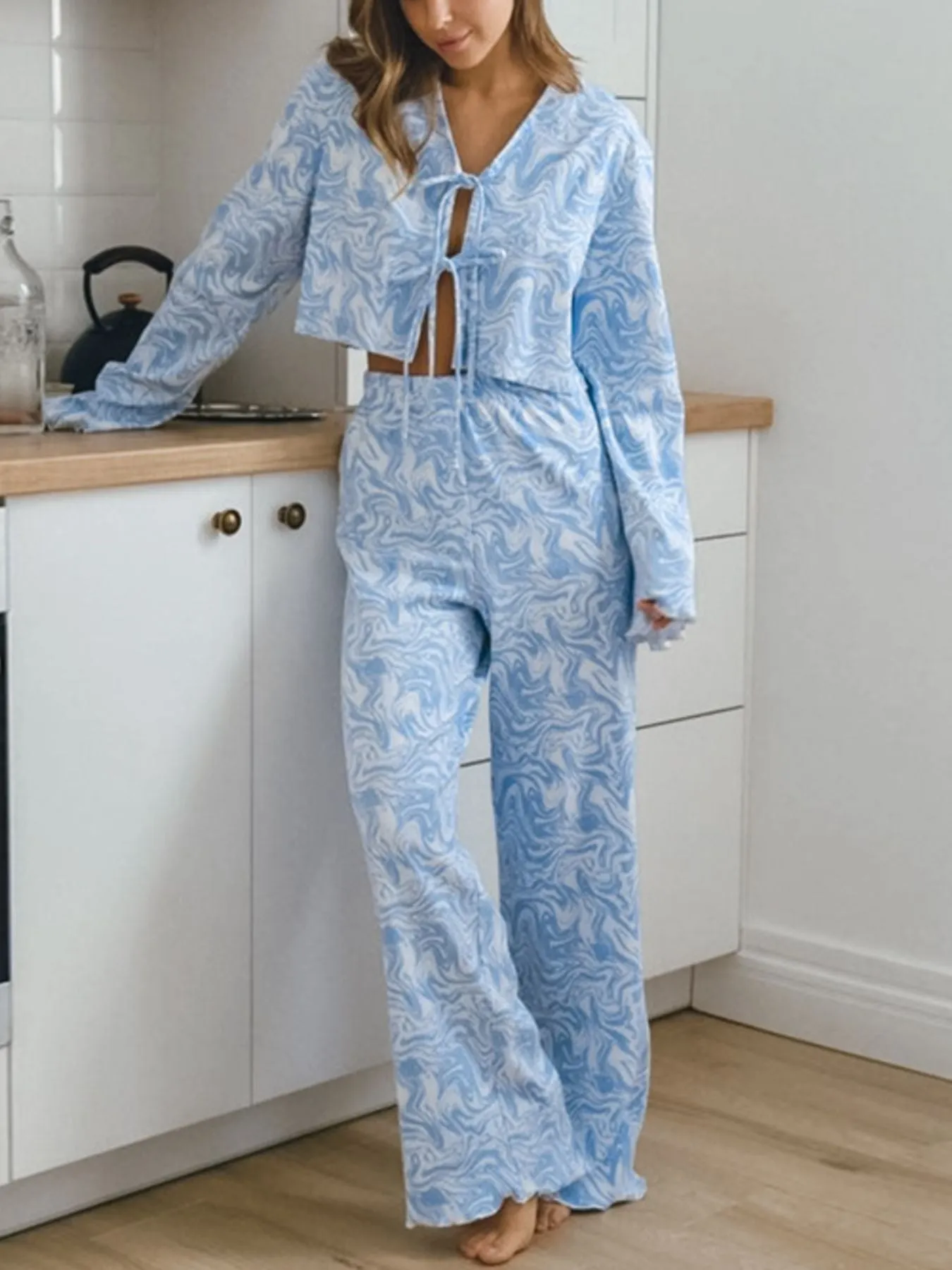 Tie Front Long Sleeve Top and Pants Lounge Set sold by Charming Charlie