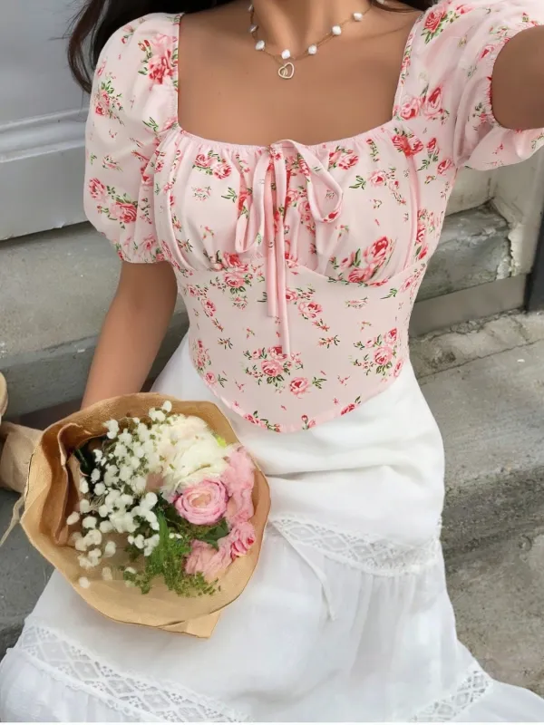 Floral Print Tie Front Puff Sleeve Blouse made by Trendsi