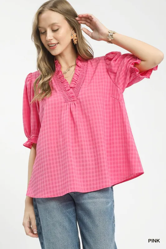 Umgee Textured Check Ruffle V-Neck Blouse made by Trendsi