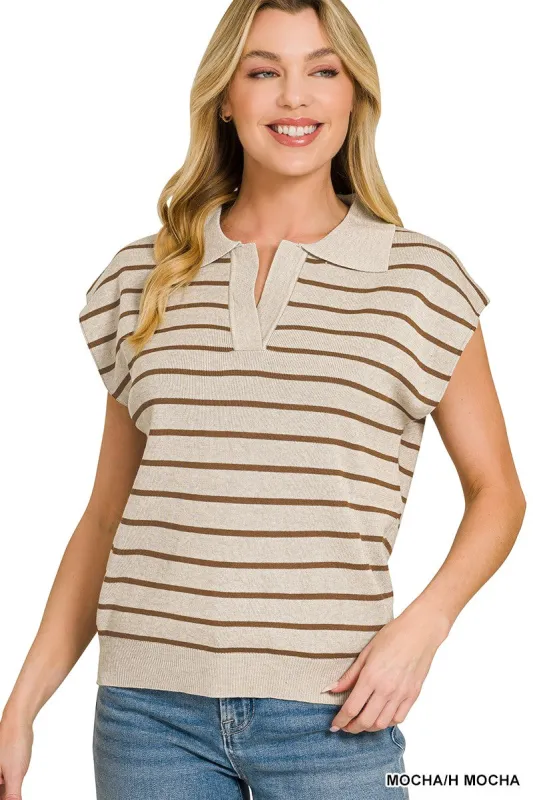 Zenana Viscose Striped Collared Sweater Vest made by Trendsi