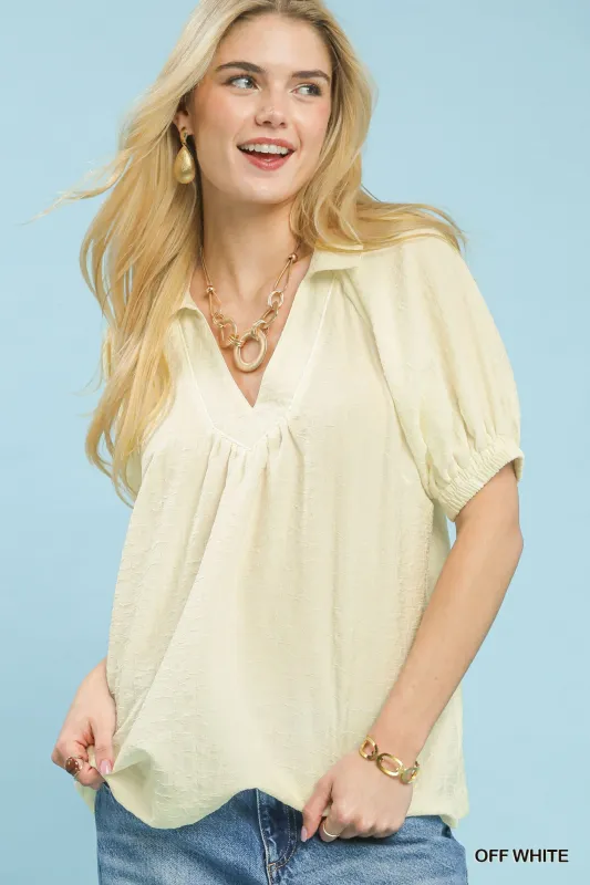 Umgee Textured Trim Detail Short Sleeve Top made by Trendsi