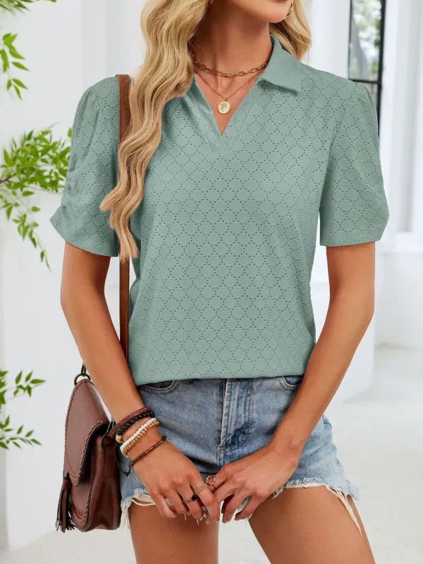 Eyelet Short Sleeve Blouse made by Trendsi