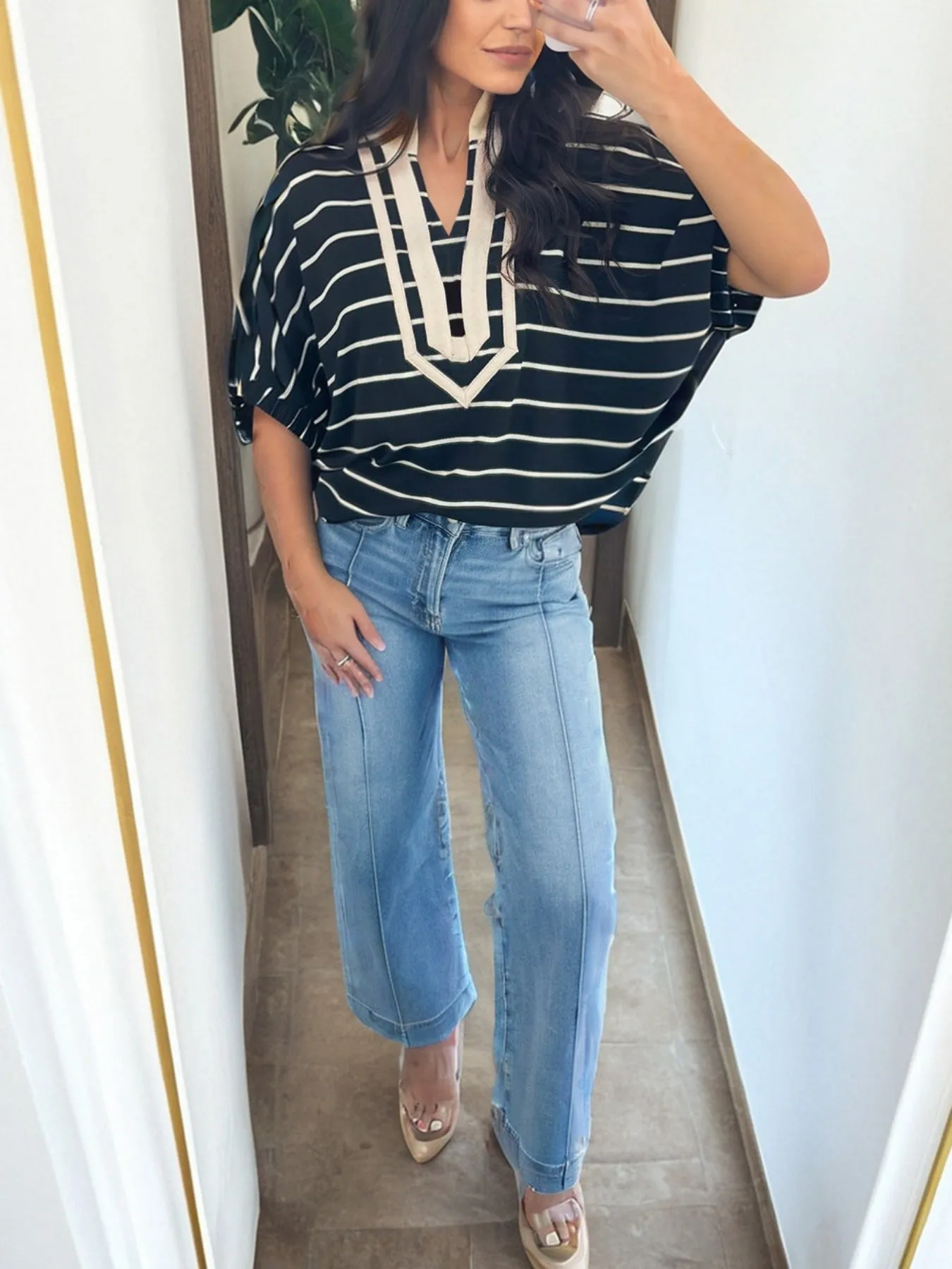 Stripe Stand Collar V Neck Elastic Cuffs Half Sleeve Dolman Top sold by Charming Charlie product image thumbnail 5