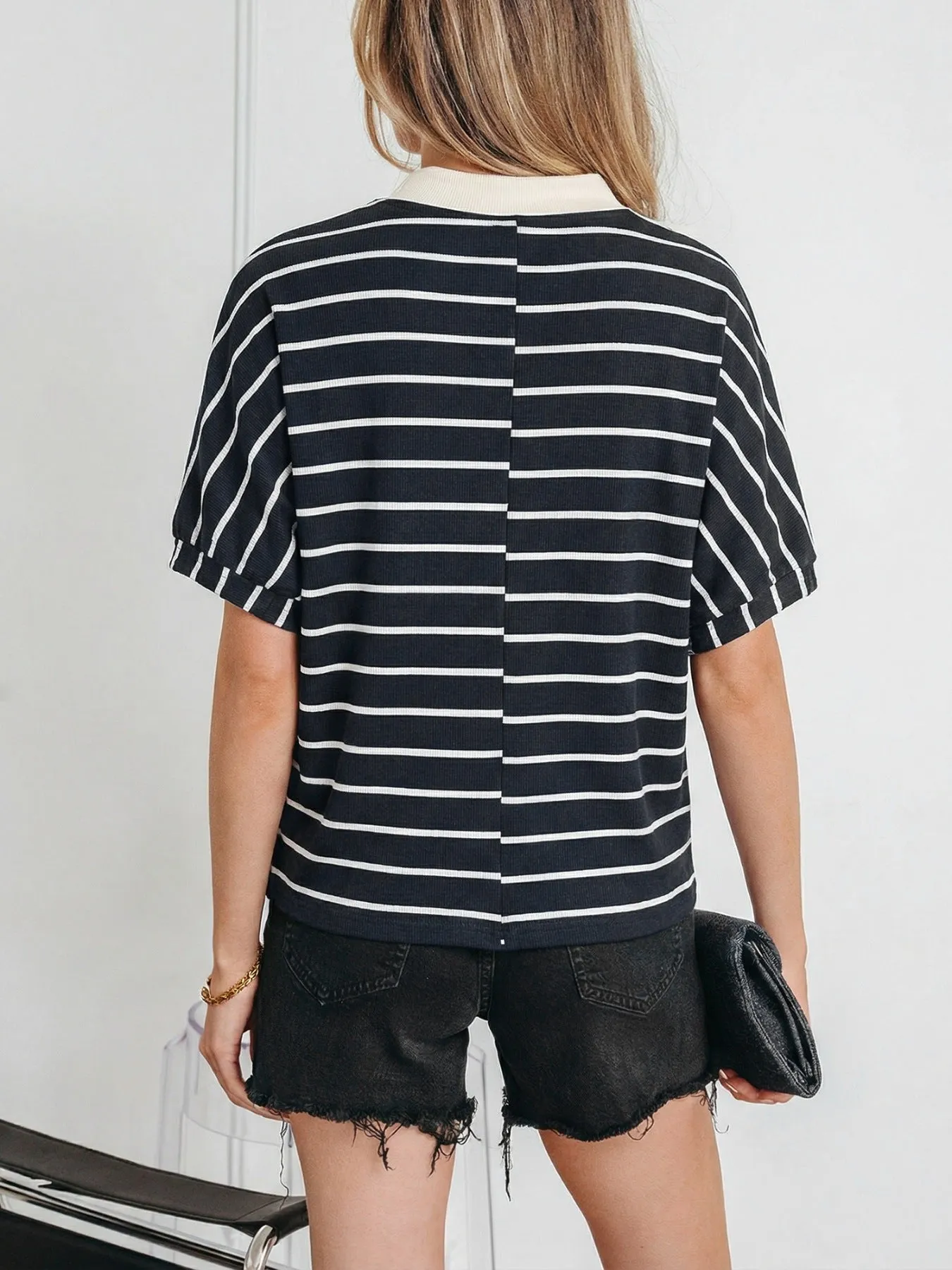 Stripe Stand Collar V Neck Elastic Cuffs Half Sleeve Dolman Top sold by Charming Charlie product image thumbnail 2