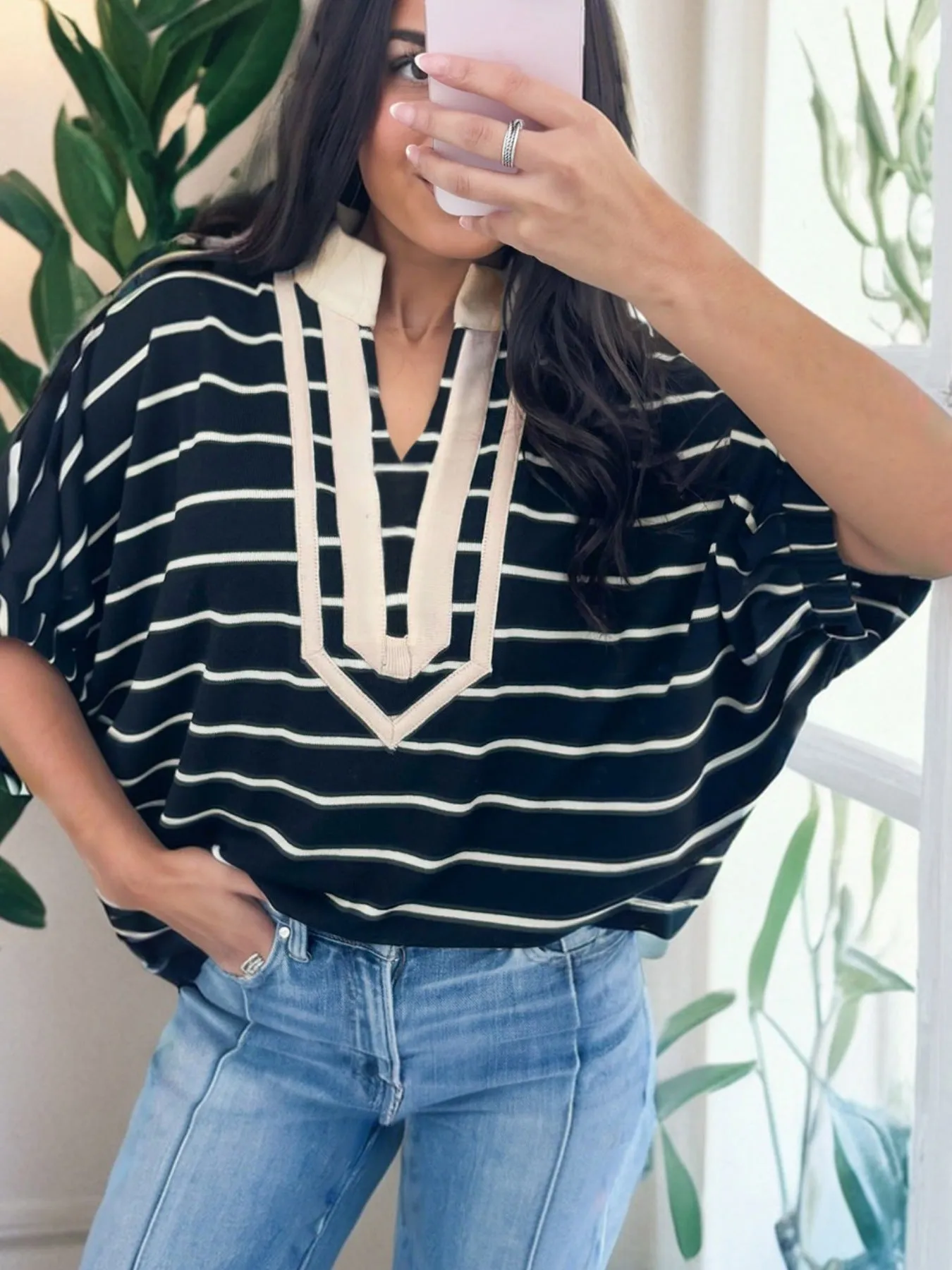 Stripe Stand Collar V Neck Elastic Cuffs Half Sleeve Dolman Top sold by Charming Charlie product image thumbnail 3
