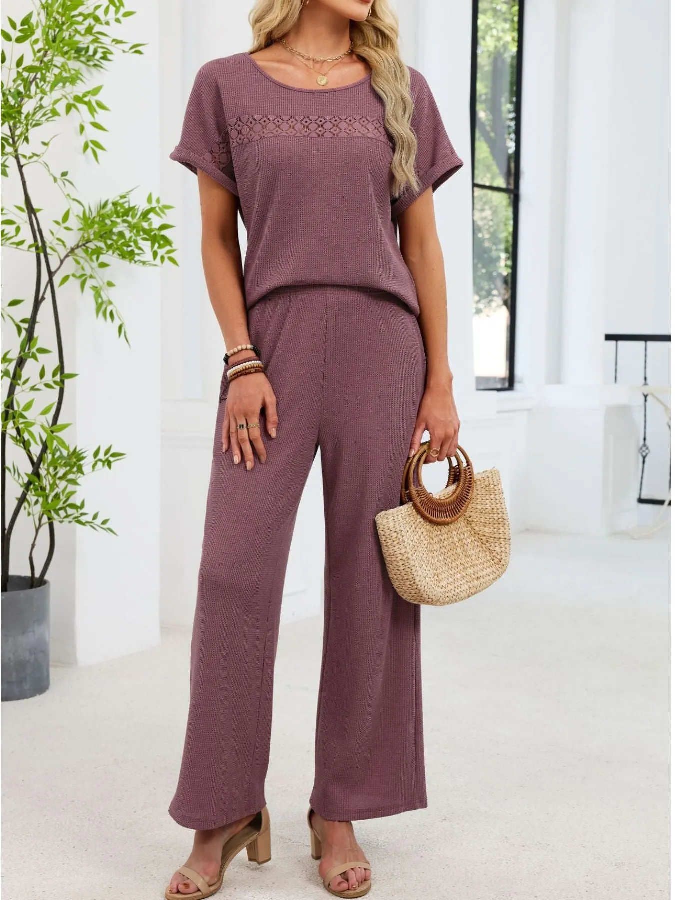 Lace Detail Short Sleeve Top and Pants Set sold by Charming Charlie