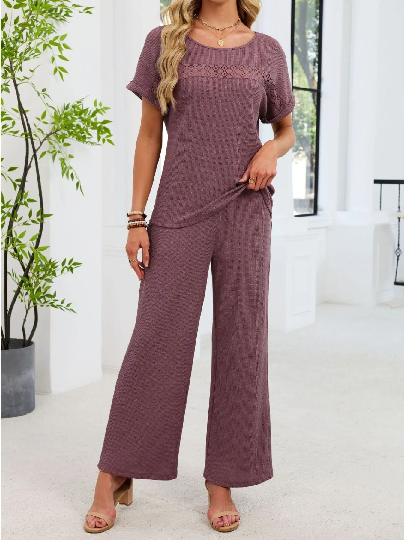 Lace Detail Short Sleeve Top and Pants Set sold by Charming Charlie product image thumbnail 5