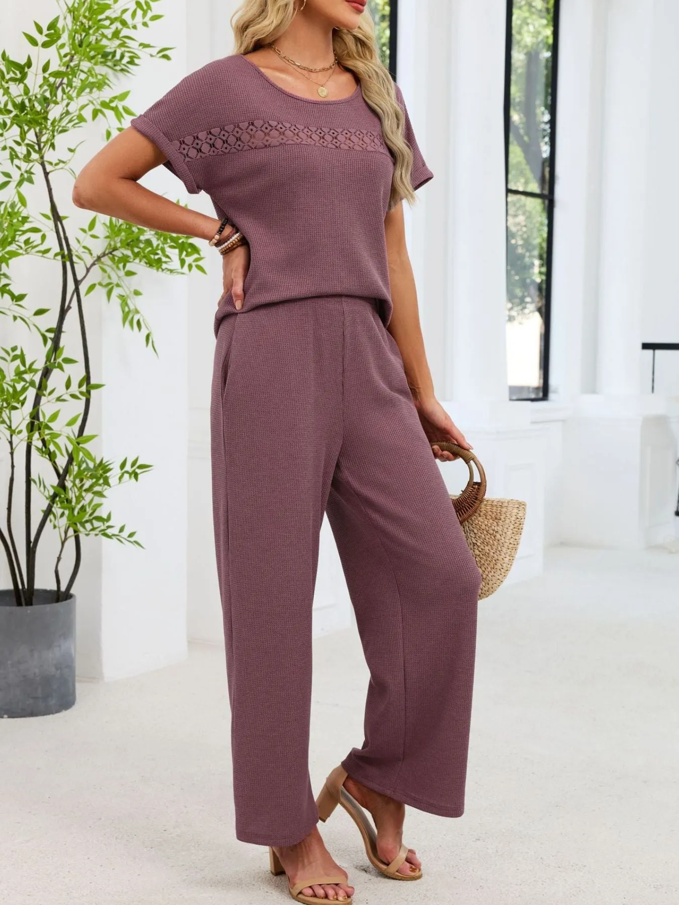 Lace Detail Short Sleeve Top and Pants Set sold by Charming Charlie product image thumbnail 2