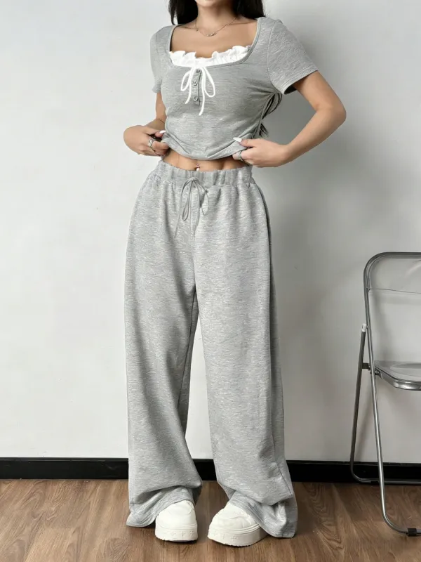 Tie Front Short Sleeve Top and Pants Set made by Trendsi