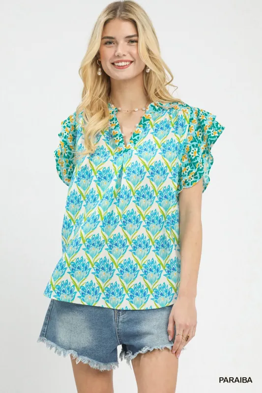 Umgee Double Frill Sleeve Floral Blouse made by Trendsi