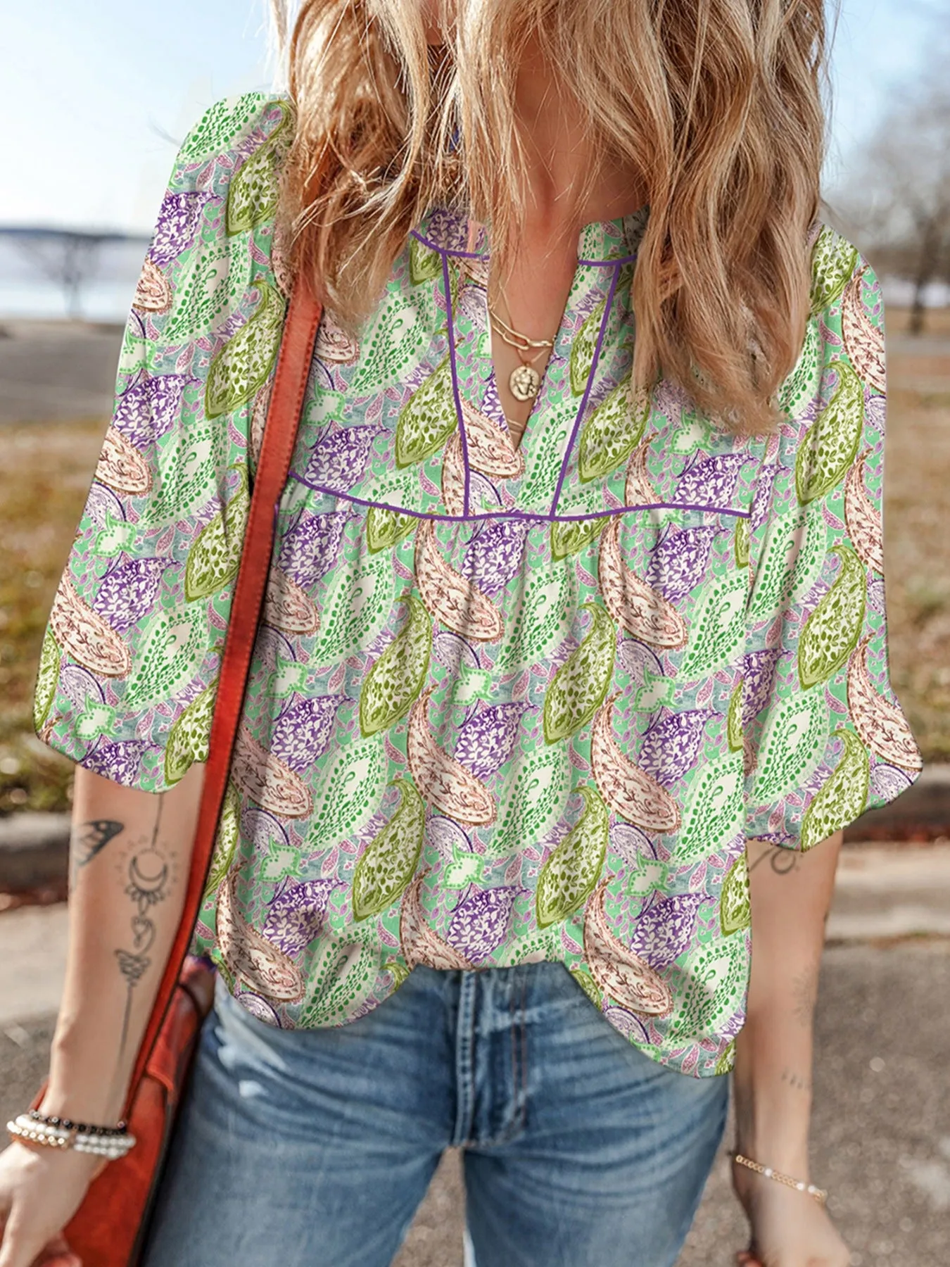 Paisley Print Half Puff Sleeve Blouse sold by Charming Charlie