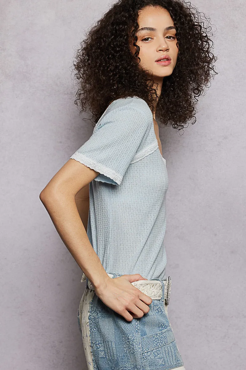 POL Lace Detail V-Neck Short Sleeve Textured T-Shirt sold by Charming Charlie product image thumbnail 3