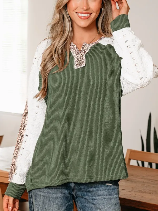 Leopard Trim Raglan Sleeve Top made by Trendsi