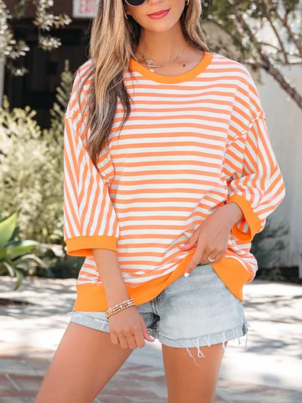 Stripe 3/4 Sleeve Exposed Seam Patchwork Pullover Top made by Trendsi