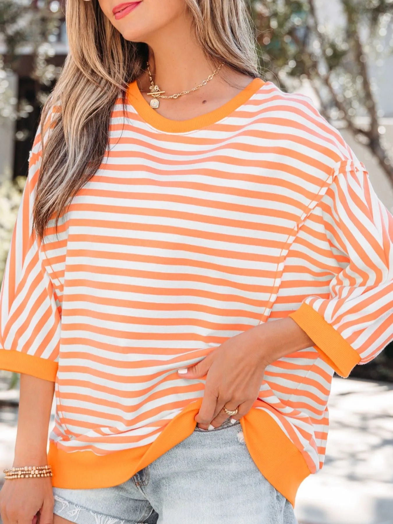 Stripe 3/4 Sleeve Exposed Seam Patchwork Pullover Top sold by Charming Charlie product image thumbnail 3