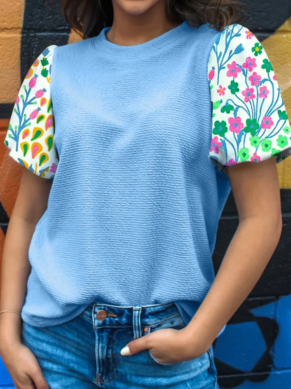 Round Neck Textured Contrast Floral Bubble Sleeve Blouse made by Trendsi