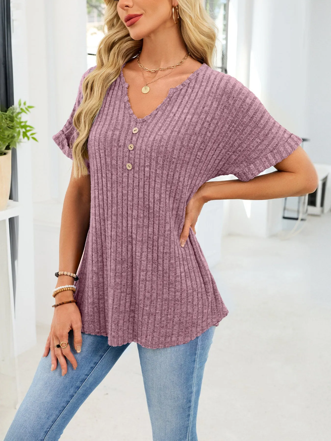 Ribbed Knit Short Sleeve T-Shirt sold by Charming Charlie product image thumbnail 2